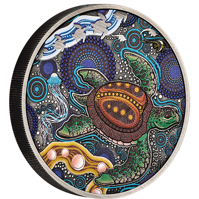2026 Australia Turtle Yaunati $2 2oz Silver Antique Coloured Coin