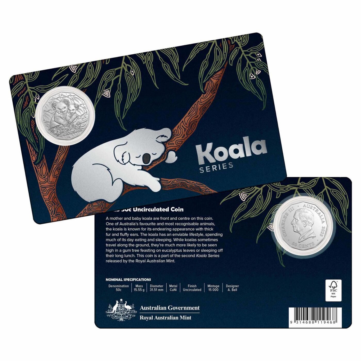 2025 50c Koala Series UNC Carded Coin