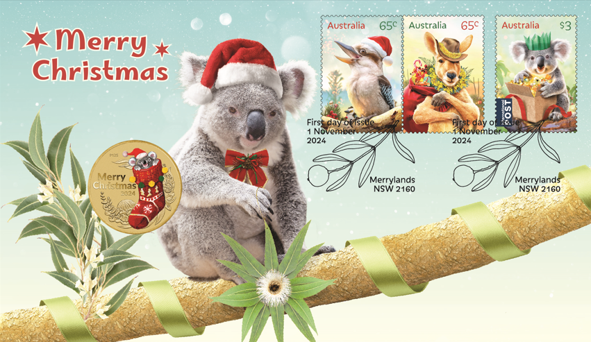2024 MERRY CHRISTMAS KOALA $1 STAMP & COIN COVER PNC – PERTH MINT