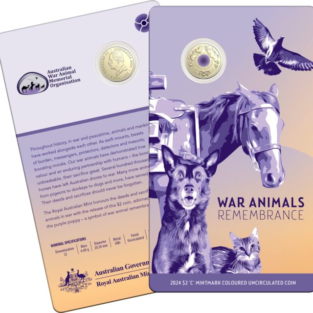 2024 $2 ‘C’ Mintmark Coloured Uncirculated Coin – War Animals Remembrance