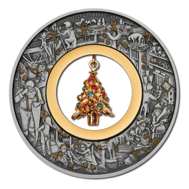 Santa's Workshop 2025 2oz Silver Antiqued Coloured Coin