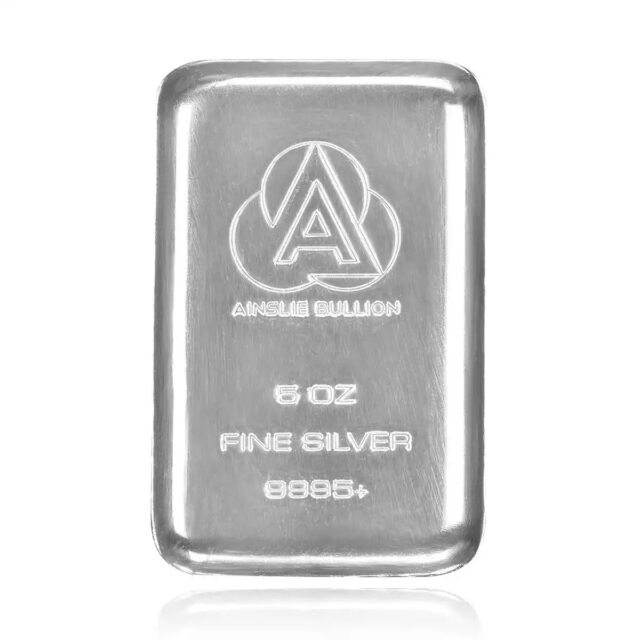 Ainslie Bullion 5oz Cast Silver Bar — .9995+ Fine Silver