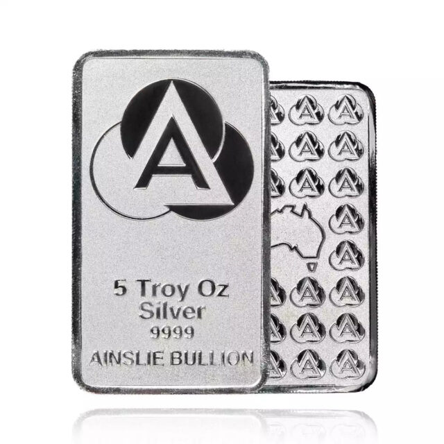 Ainslie Bullion 5oz Minted Silver Bar — .9999 Fine Silver