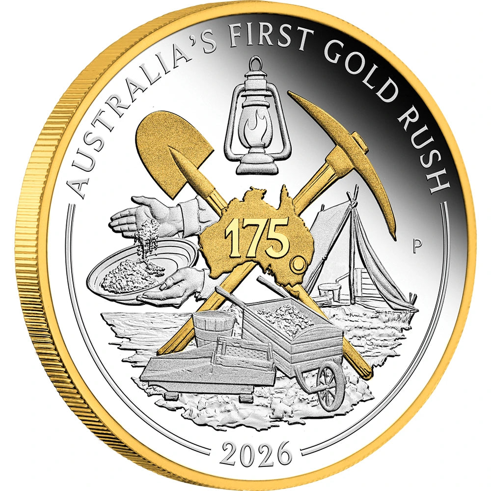 Australia’s First Gold Rush 175th Anniversary 2026 $1 1oz Silver Proof Gilded Coin