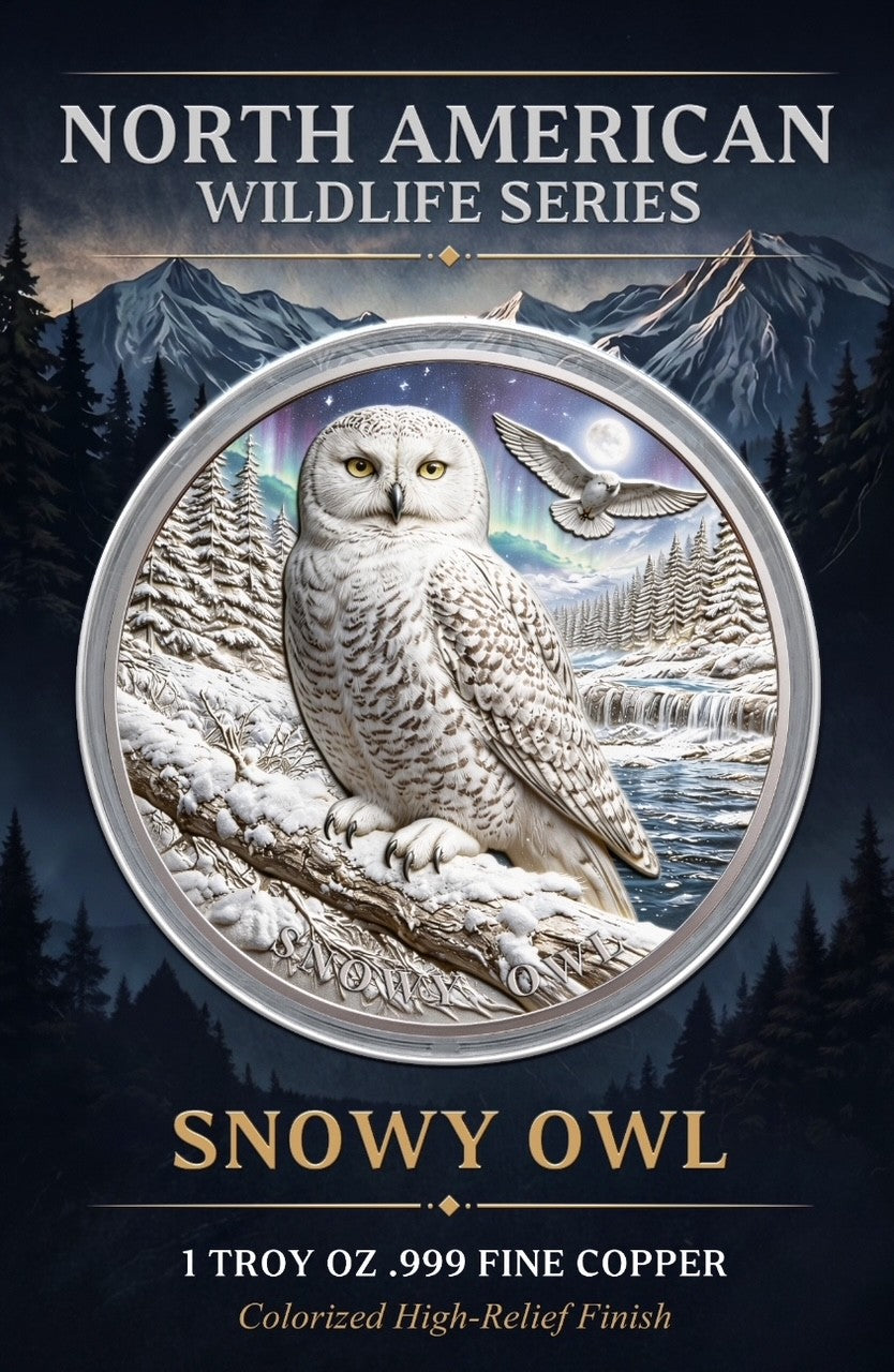 North American Wildlife – Snowy Owl Colorized 1oz Copper Medal in Card