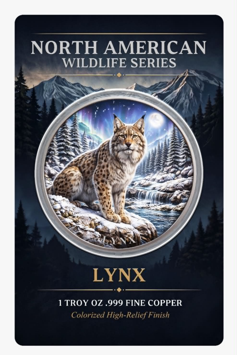 North American Wildlife Lynx UHR Colorized 1oz Copper Medal in Card