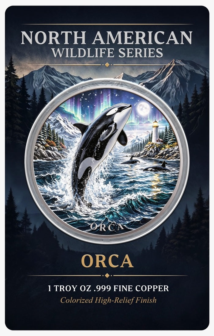 North American Wildlife - Orca UHR Colorized 1 oz Copper Medal in Card