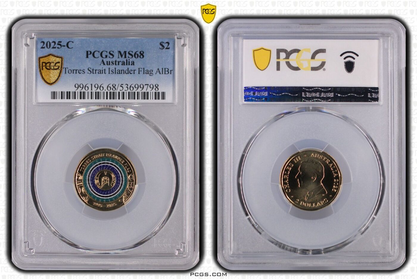 2025-C $2 Torres Strait Islander Flag Coloured Coin – PCGS MS68
